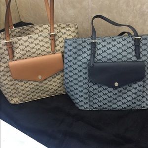MK Light and Dark Blue/Tan Large Pocket Tote
